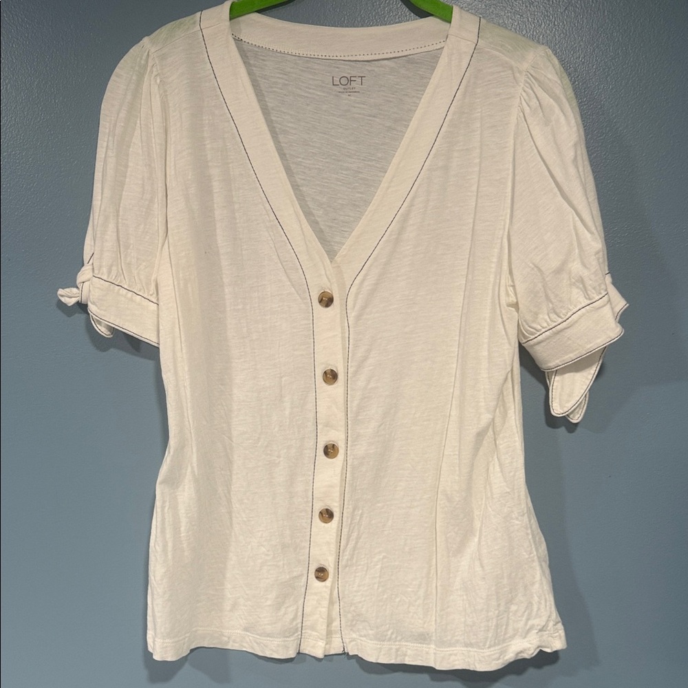 LOFT Cream Button-Down Shirt with Puff Sleeves